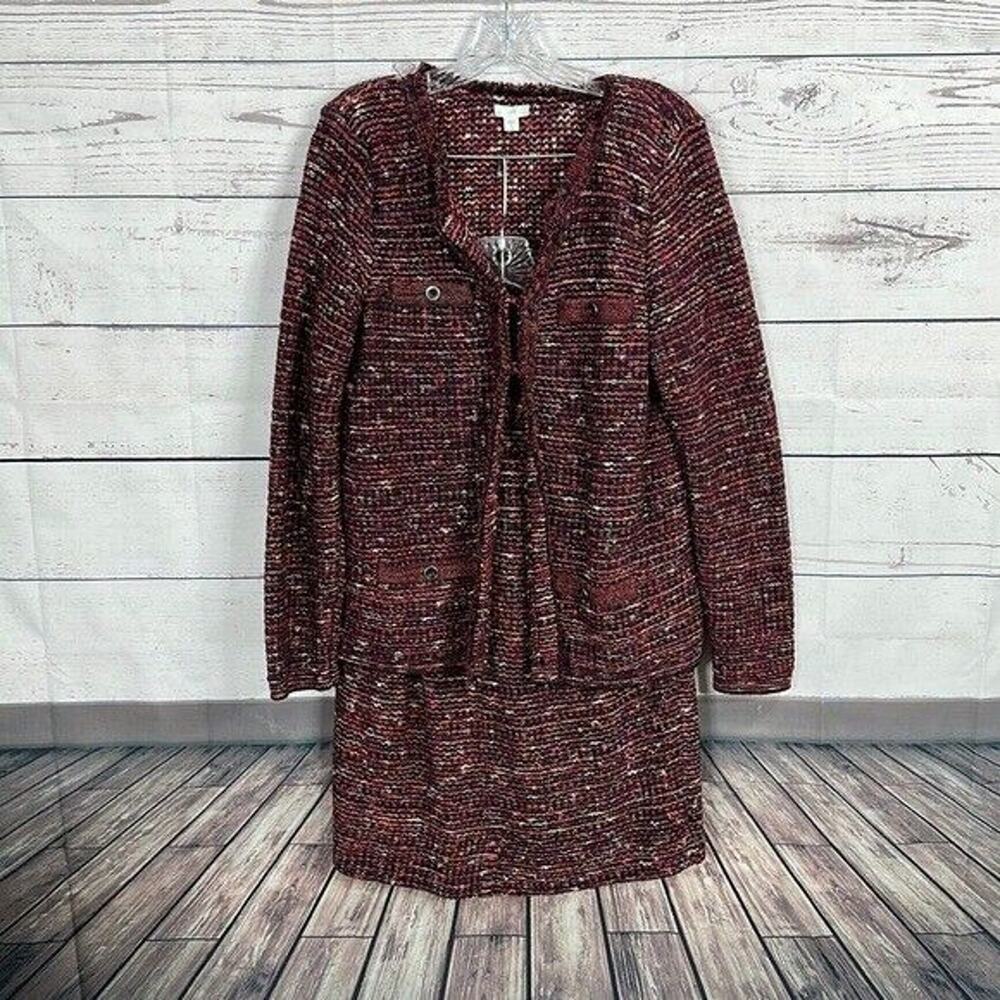 J Jill Jacket Skirt Outfit Womens Medium Red Tweed Blazer Office Career Textured